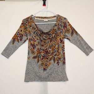 Anthropologie Postmark Womens XS Floral Paisley Cowl Neck 3/4 Sleeve Grey Top